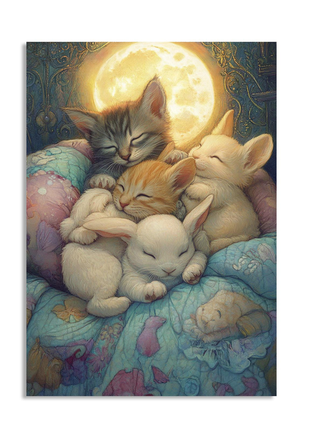 Illustration of three sleeping kittens and two rabbits on a colorful blanket with a moon in the background, as a premium aluminum metal print from GoMetalPrint.
