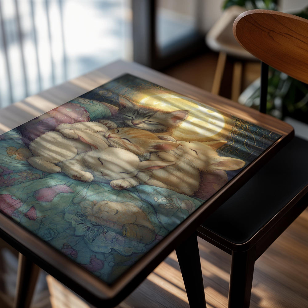 Illustration of three sleeping kittens and two rabbits on a colorful blanket with a moon in the background, as a premium aluminum metal print from GoMetalPrint.
