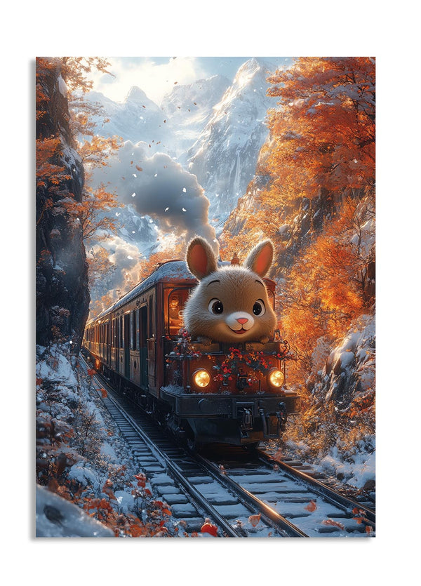 Animated train with a rabbit-like face traveling through a snowy landscape with autumn trees, as a premium aluminum metal print from GoMetalPrint.
