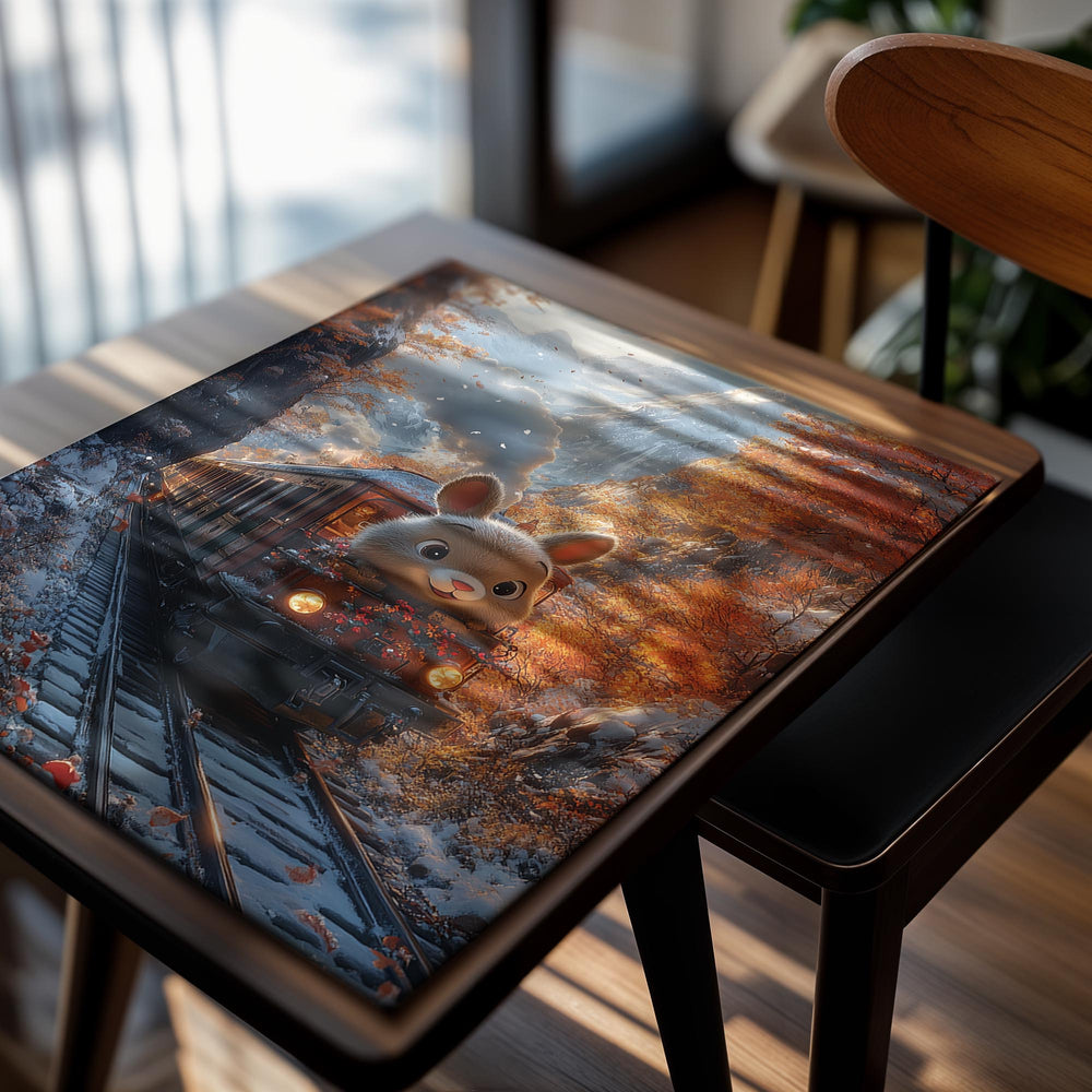 Animated train with a rabbit-like face traveling through a snowy landscape with autumn trees, as a premium aluminum metal print from GoMetalPrint.

