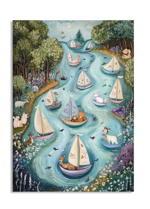 Illustration of sailboats on a river with animals and nature elements, as a premium aluminum metal print from GoMetalPrint.
