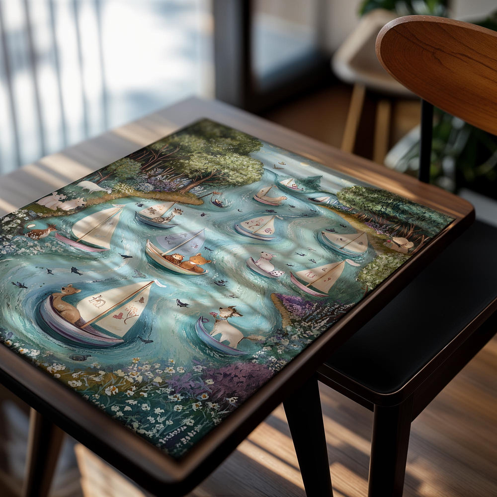 Illustration of sailboats on a river with animals and nature elements, as a premium aluminum metal print from GoMetalPrint.
