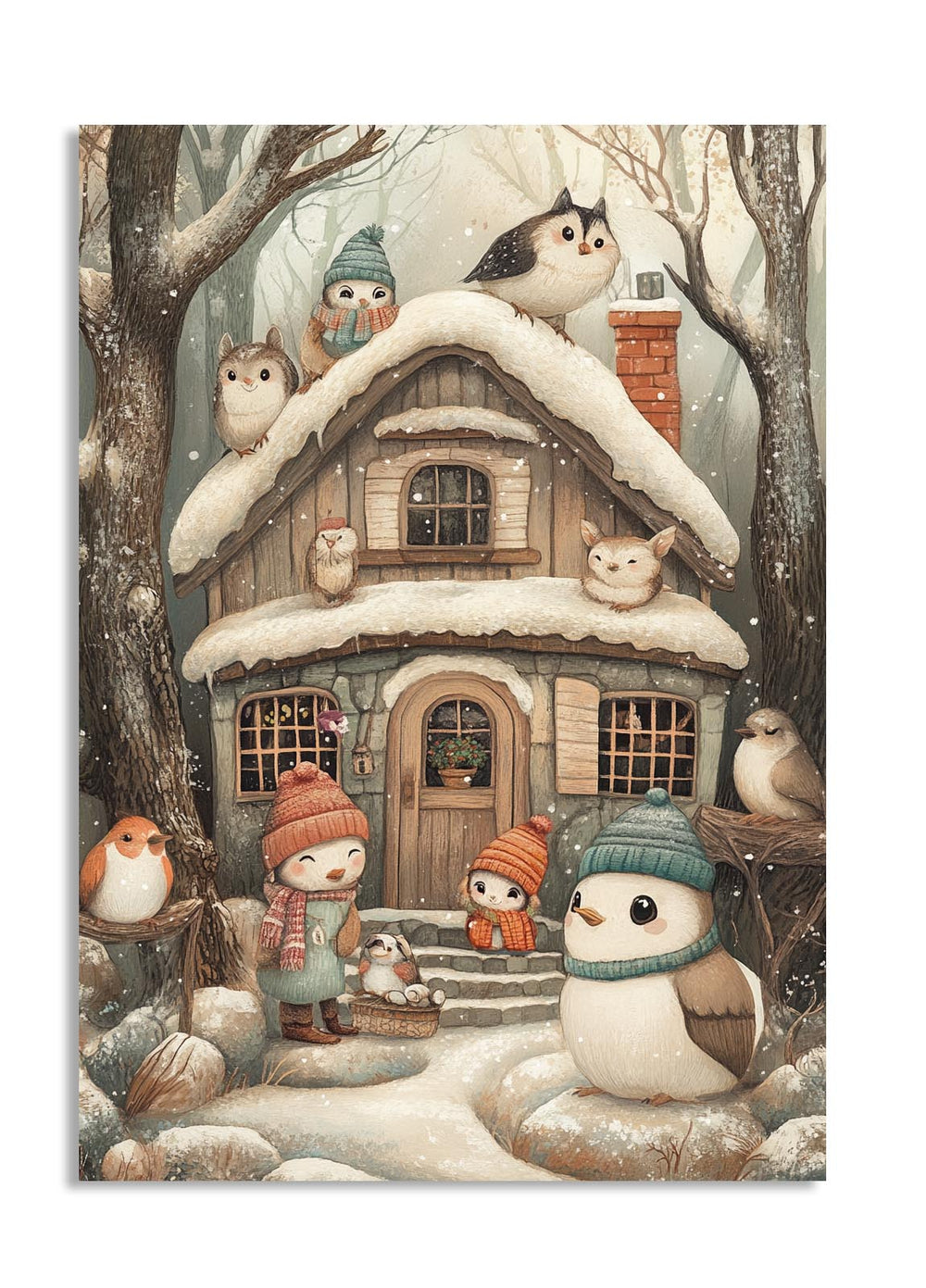 Illustration of a snowy scene with a small house, animals in winter clothing, and snow-covered trees, as a premium aluminum metal print from GoMetalPrint.
