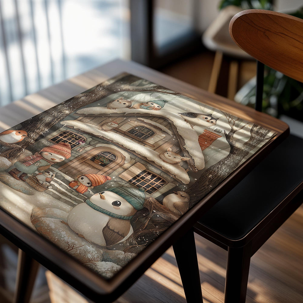 Illustration of a snowy scene with a small house, animals in winter clothing, and snow-covered trees, as a premium aluminum metal print from GoMetalPrint.
