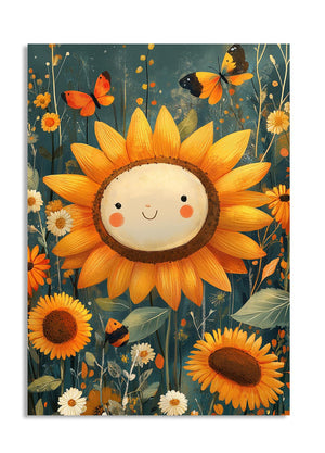 Illustration of a smiling sunflower surrounded by other flowers and butterflies on a dark blue background, as a premium aluminum metal print from GoMetalPrint.
