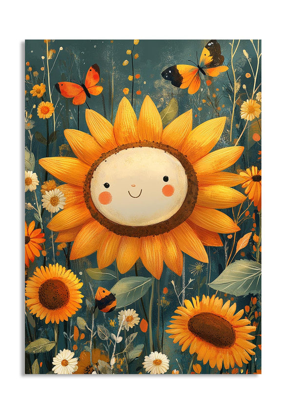 Illustration of a smiling sunflower surrounded by other flowers and butterflies on a dark blue background, as a premium aluminum metal print from GoMetalPrint.
