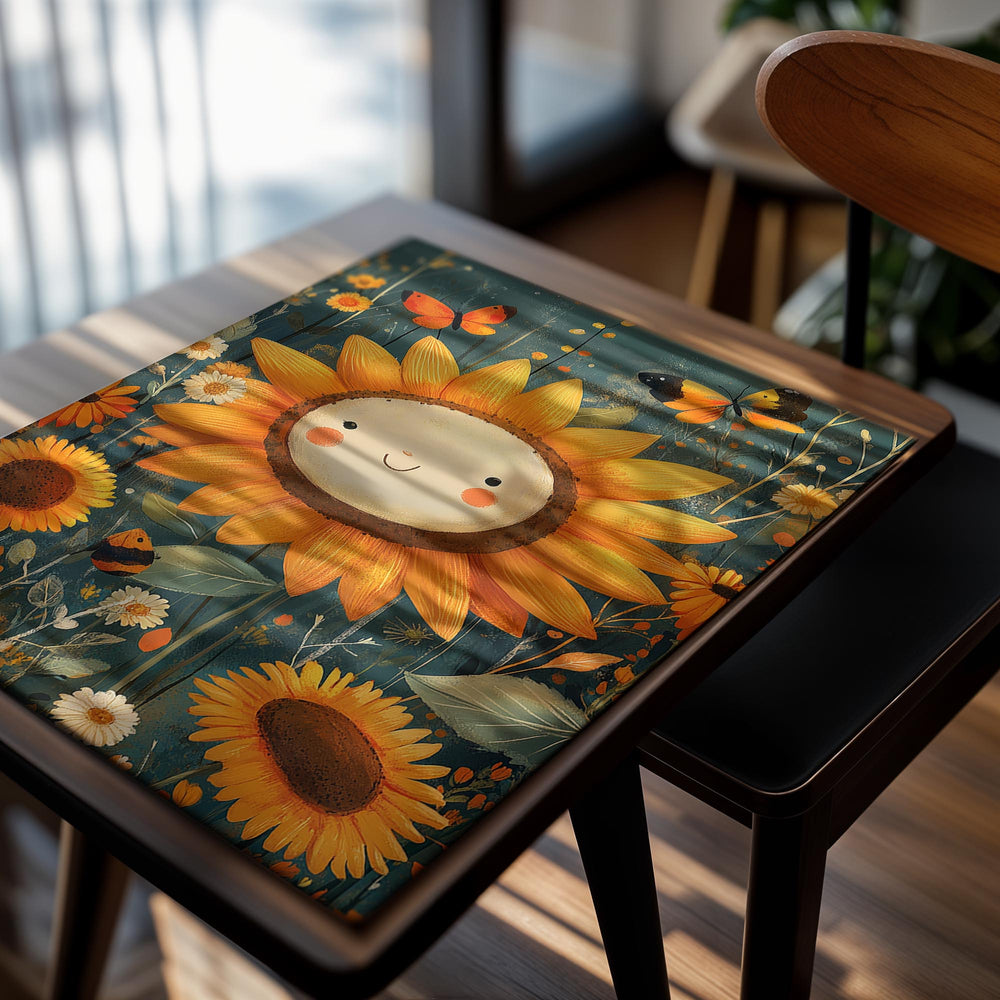 Illustration of a smiling sunflower surrounded by other flowers and butterflies on a dark blue background, as a premium aluminum metal print from GoMetalPrint.
