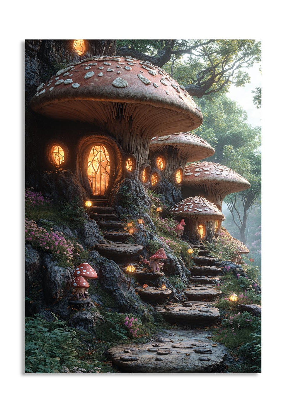 Fantasy mushroom house with lights in a forest setting, as a premium aluminum metal print from GoMetalPrint.
