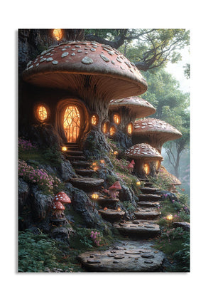 Fantasy mushroom house with lights in a forest setting, as a premium aluminum metal print from GoMetalPrint.
