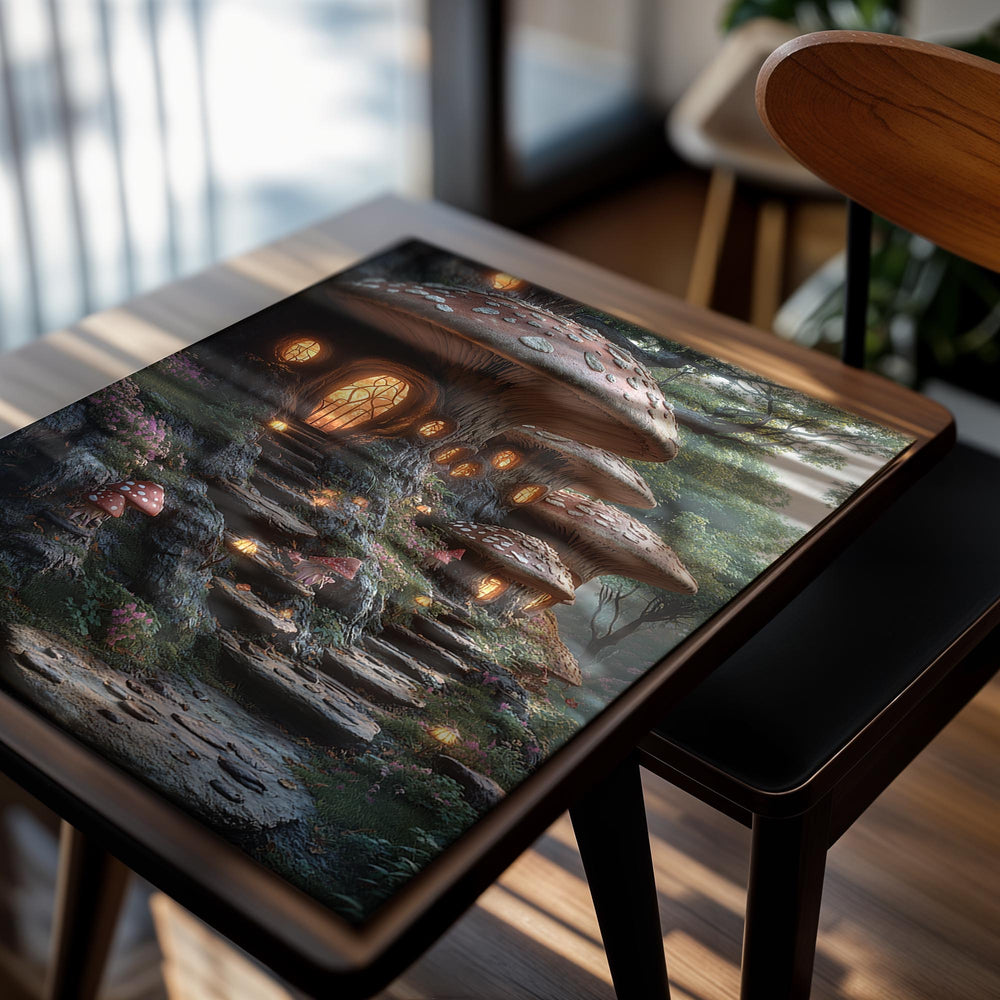 Fantasy mushroom house with lights in a forest setting, as a premium aluminum metal print from GoMetalPrint.
