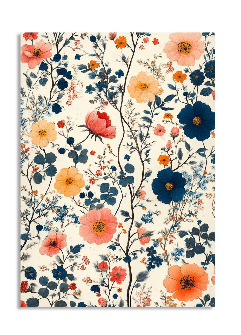 Floral pattern with colorful flowers on a white background, as a premium aluminum metal print from GoMetalPrint.
