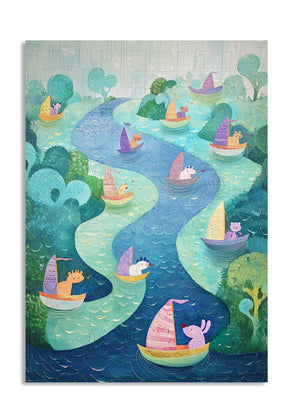Illustration of a river with various boats and animals on a white background, as a premium aluminum metal print from GoMetalPrint.
