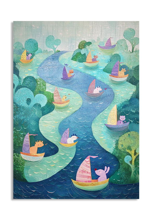 Illustration of a river with various boats and animals on a white background, as a premium aluminum metal print from GoMetalPrint.
