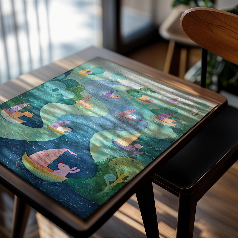 Illustration of a river with various boats and animals on a white background, as a premium aluminum metal print from GoMetalPrint.
