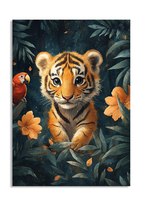 Illustration of a tiger cub with a parrot and flowers in a jungle setting, as a premium aluminum metal print from GoMetalPrint.
