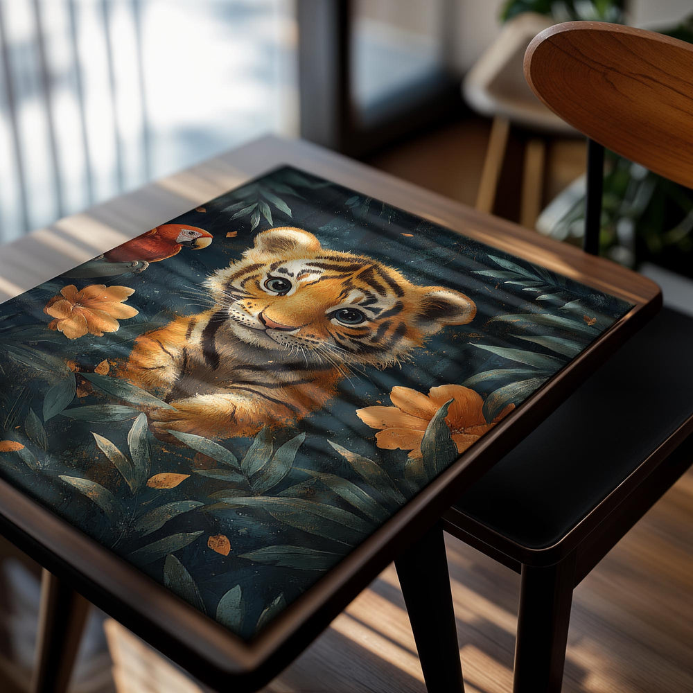 Illustration of a tiger cub with a parrot and flowers in a jungle setting, as a premium aluminum metal print from GoMetalPrint.
