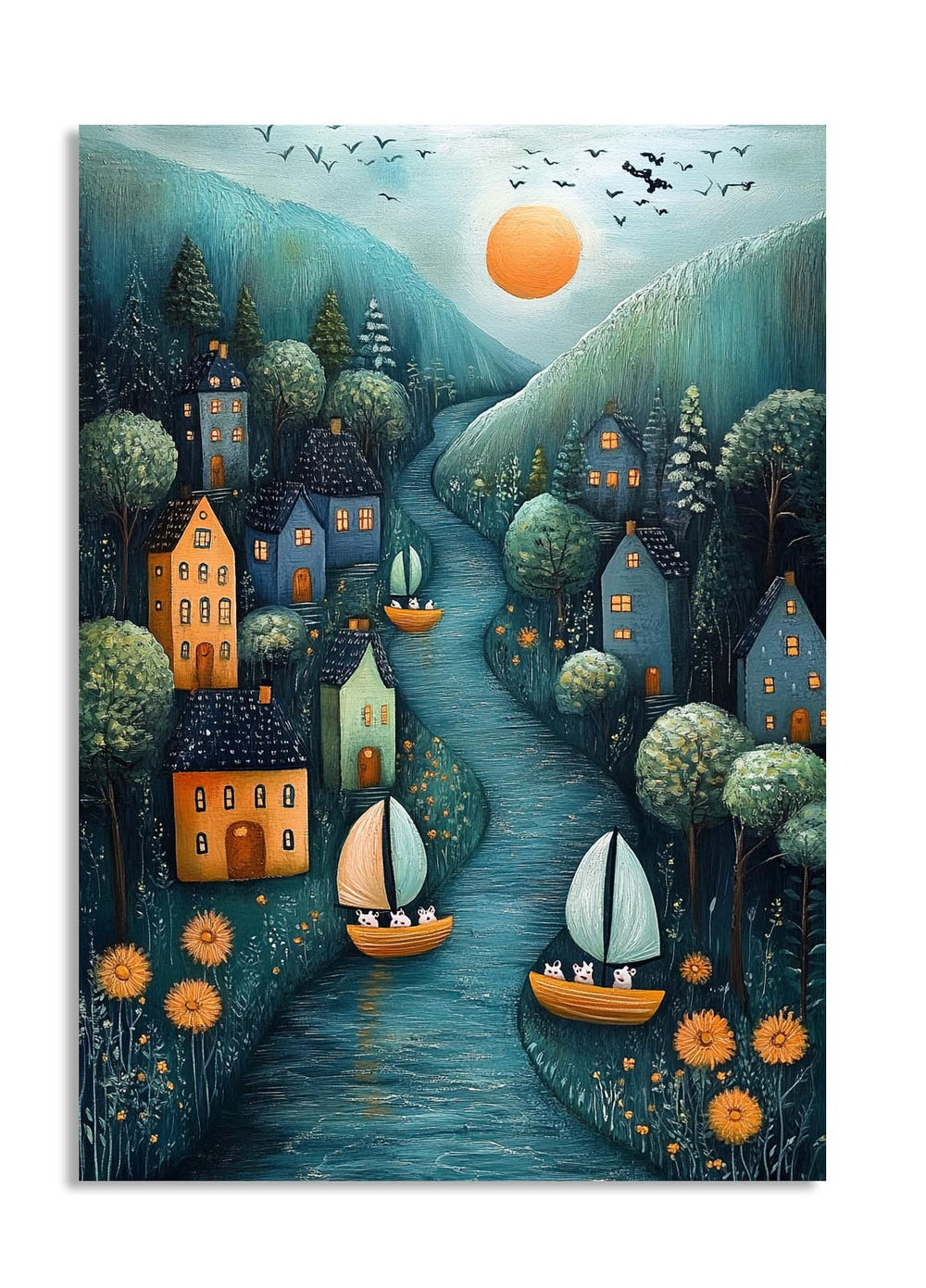 Illustration of a village with houses and boats on a river, under a moonlit sky, as a premium aluminum metal print from GoMetalPrint.
