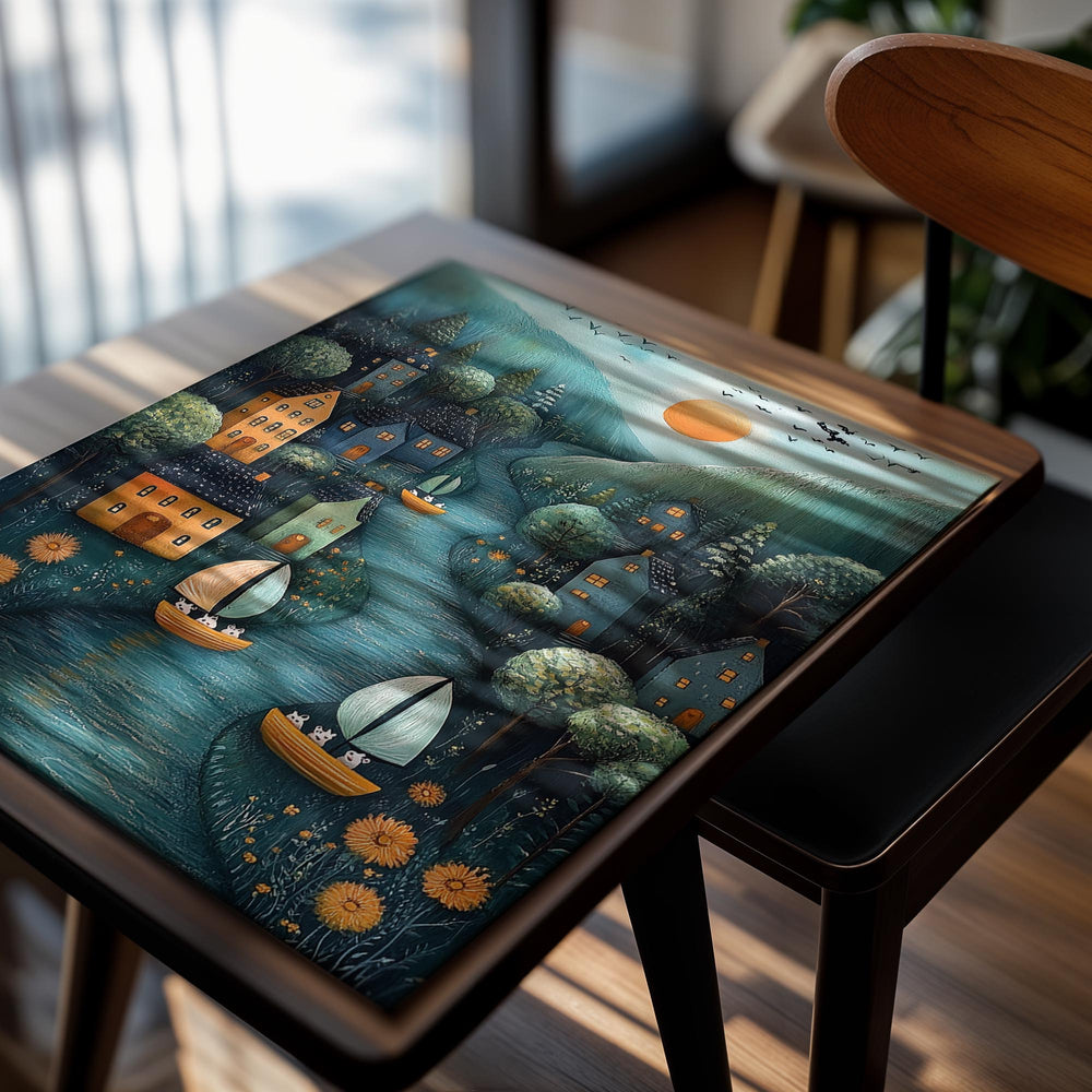 Illustration of a village with houses and boats on a river, under a moonlit sky, as a premium aluminum metal print from GoMetalPrint.
