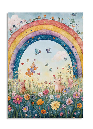 Colorful illustration of a rainbow, flowers, and animals in a field, as a premium aluminum metal print from GoMetalPrint.
