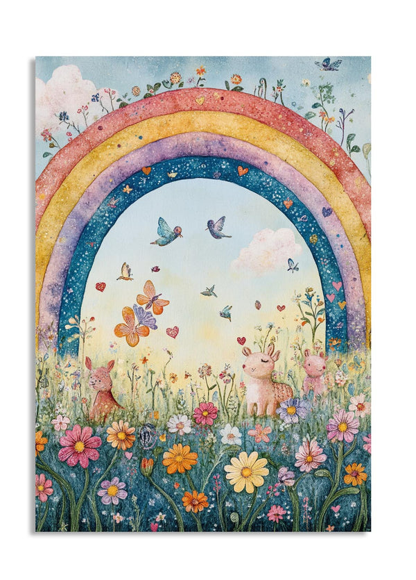 Colorful illustration of a rainbow, flowers, and animals in a field, as a premium aluminum metal print from GoMetalPrint.
