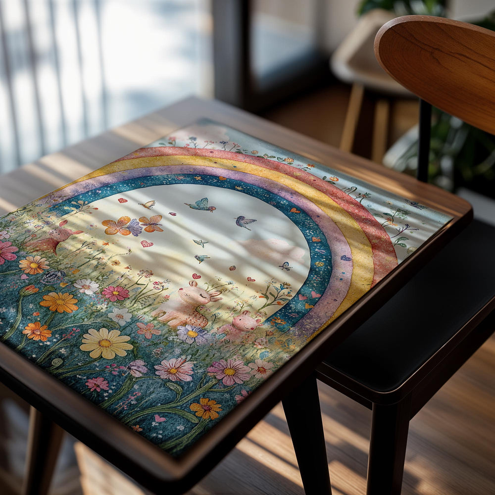 Colorful illustration of a rainbow, flowers, and animals in a field, as a premium aluminum metal print from GoMetalPrint.
