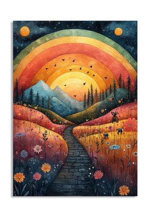 Colorful artwork of a sunset over mountains with a path and trees, as a premium aluminum metal print from GoMetalPrint.

