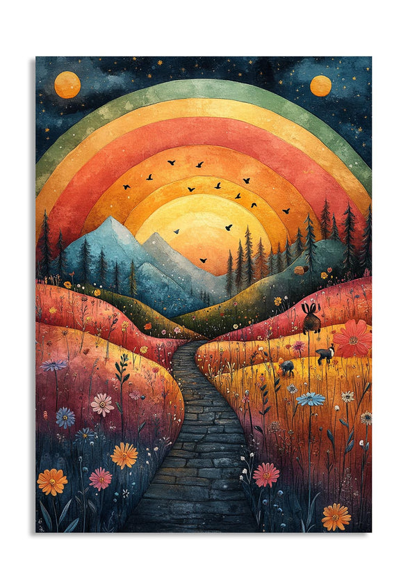 Colorful artwork of a sunset over mountains with a path and trees, as a premium aluminum metal print from GoMetalPrint.
