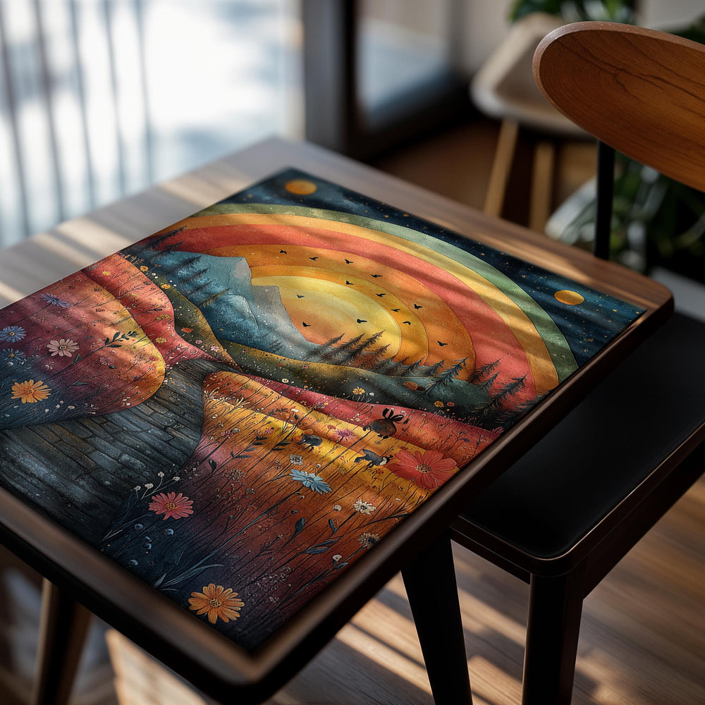 Colorful artwork of a sunset over mountains with a path and trees, as a premium aluminum metal print from GoMetalPrint.
