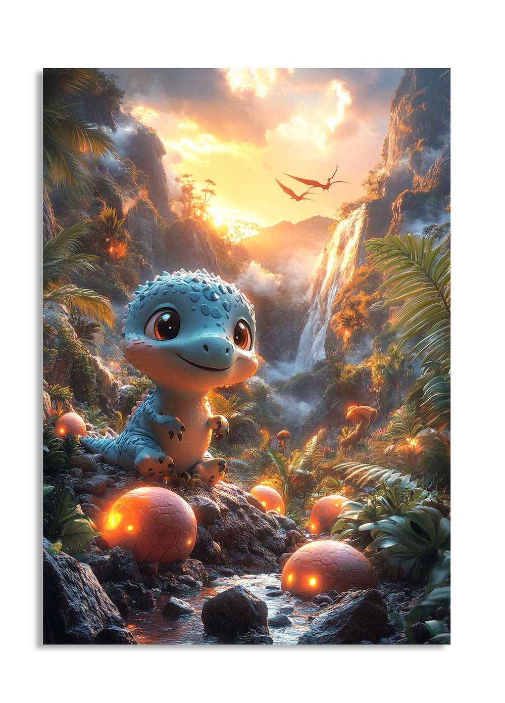 Cartoon dinosaur in a fantasy landscape with mountains, waterfall, and glowing eggs, as a premium aluminum metal print from GoMetalPrint.