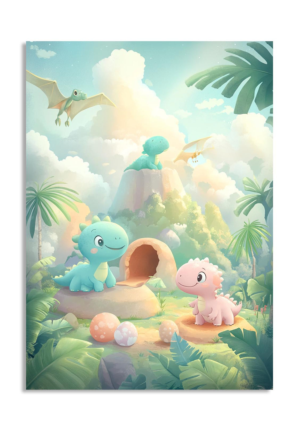 Illustration of two cartoon dinosaurs in a lush, colorful jungle setting, as a premium aluminum metal print from GoMetalPrint.