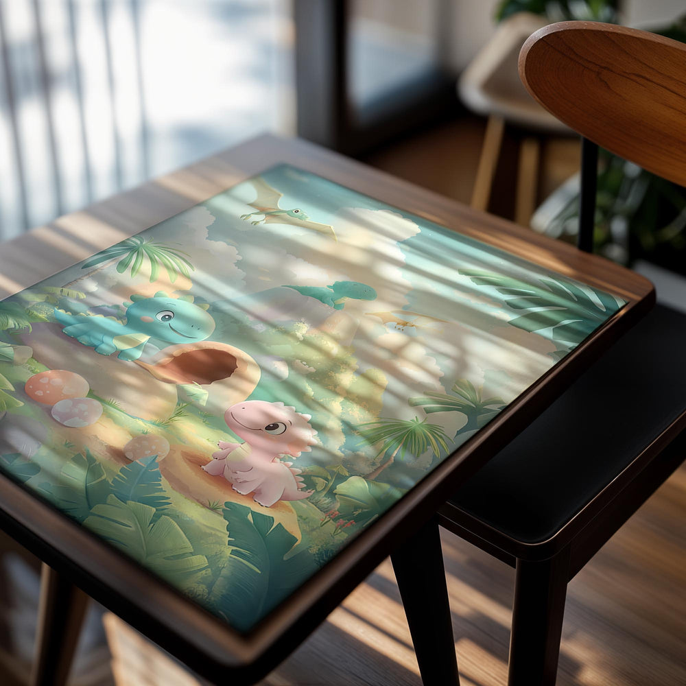 Illustration of two cartoon dinosaurs in a lush, colorful jungle setting, as a premium aluminum metal print from GoMetalPrint.