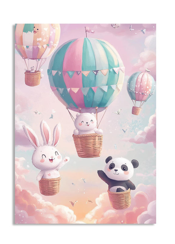 Illustration of animals in hot air balloons with a pastel sky and clouds, as a premium aluminum metal print from GoMetalPrint.