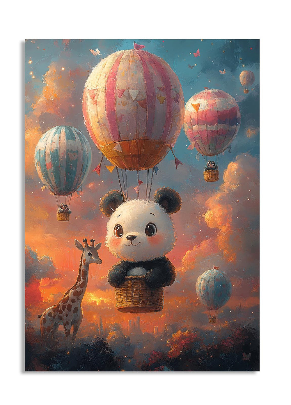 Illustration of a panda in a hot air balloon with other balloons and a giraffe in the background, as a premium aluminum metal print from GoMetalPrint.