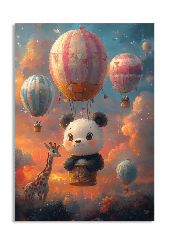 Illustration of a panda in a hot air balloon with other balloons and a giraffe in the background, as a premium aluminum metal print from GoMetalPrint.