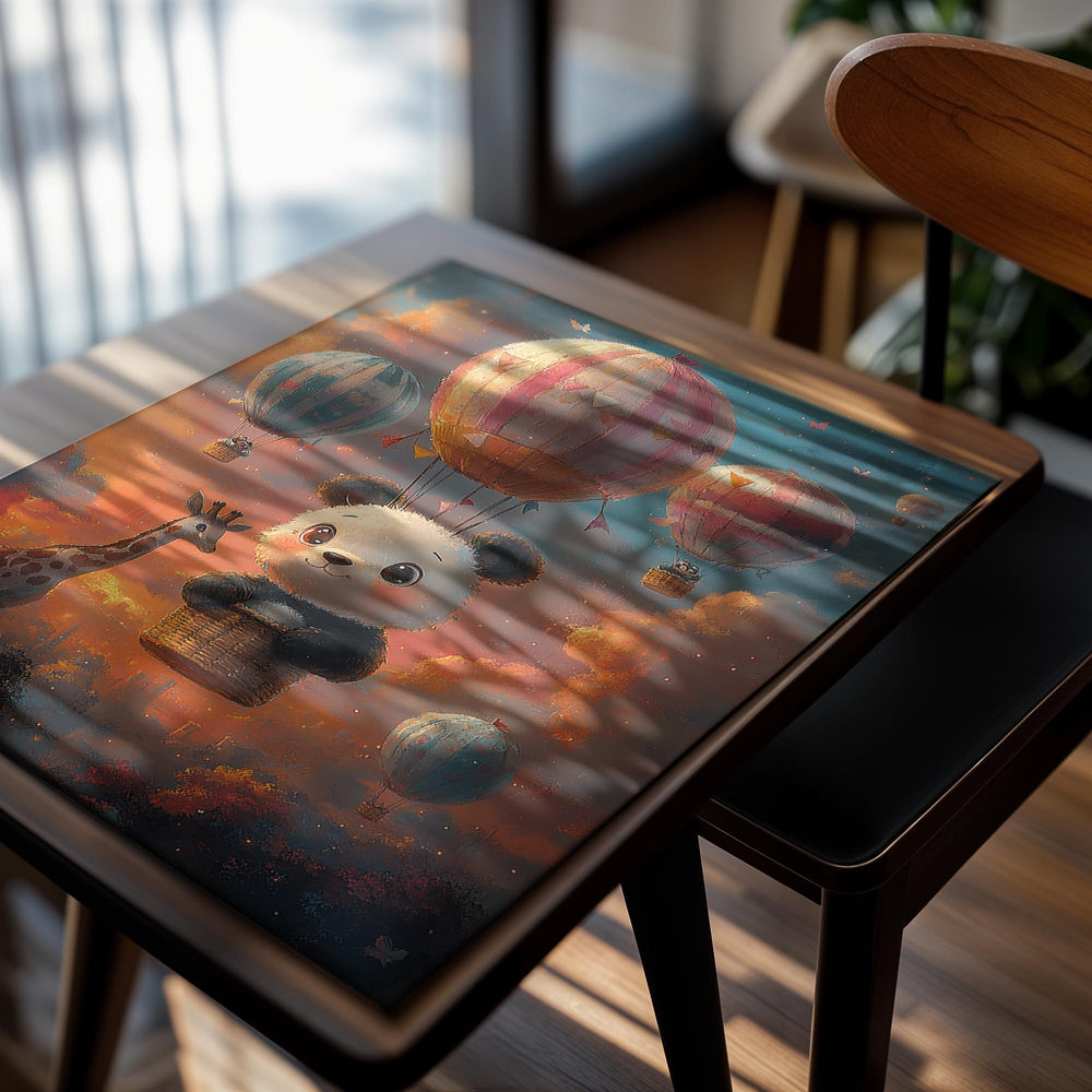 Illustration of a panda in a hot air balloon with other balloons and a giraffe in the background, as a premium aluminum metal print from GoMetalPrint.