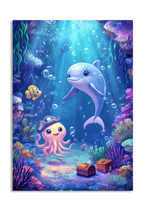 Illustration of a dolphin and an octopus underwater with coral and fish, as a premium aluminum metal print from GoMetalPrint.