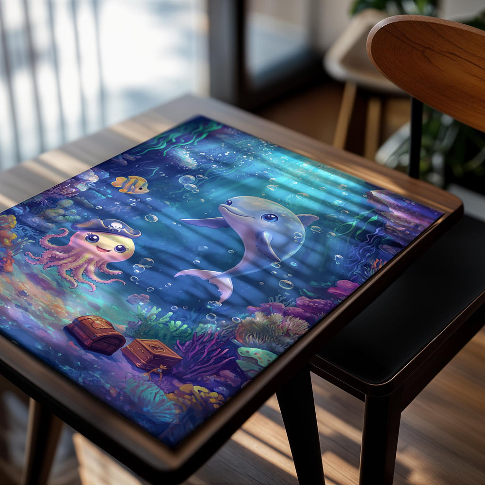 Illustration of a dolphin and an octopus underwater with coral and fish, as a premium aluminum metal print from GoMetalPrint.