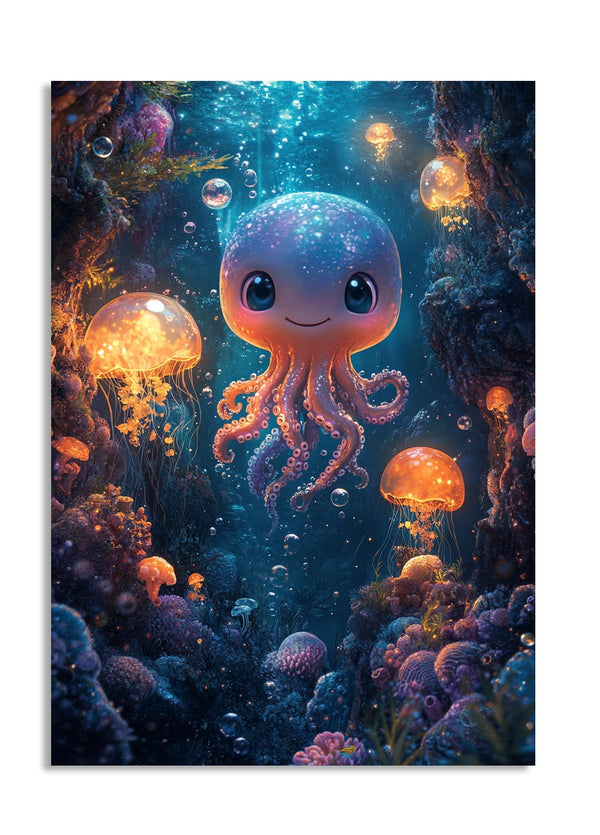 Cartoon octopus surrounded by jellyfish and underwater plants in a dark blue ocean setting, as a premium aluminum metal print from GoMetalPrint.