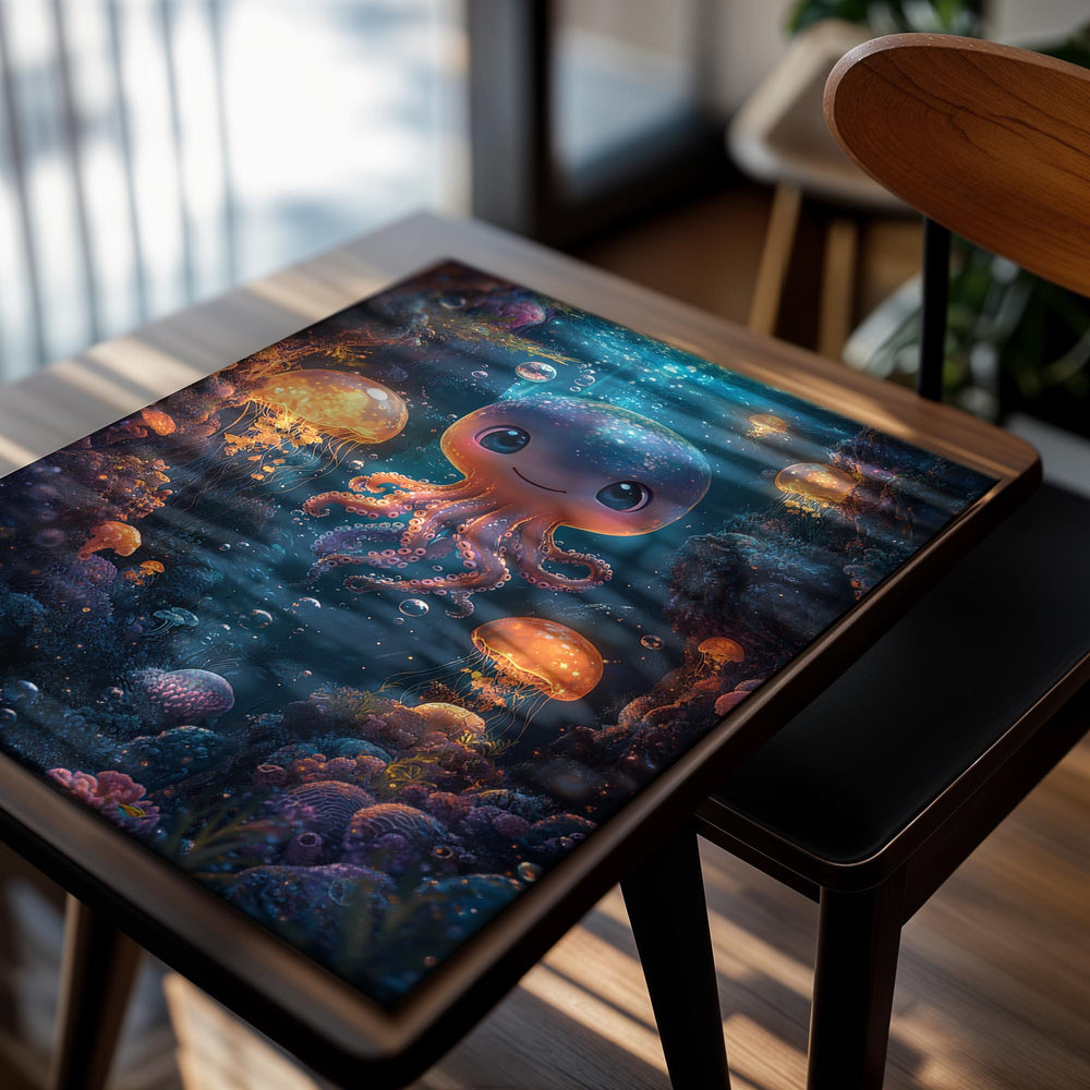 Cartoon octopus surrounded by jellyfish and underwater plants in a dark blue ocean setting, as a premium aluminum metal print from GoMetalPrint.