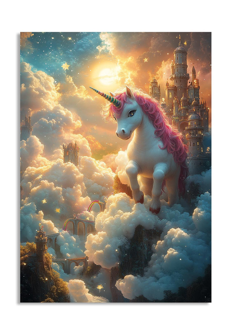 Unicorn with pink mane standing on clouds with a castle in the background, as a premium aluminum metal print from GoMetalPrint.