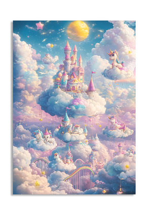 Fantasy castle in the clouds with unicorns and rainbow colors, as a premium aluminum metal print from GoMetalPrint.