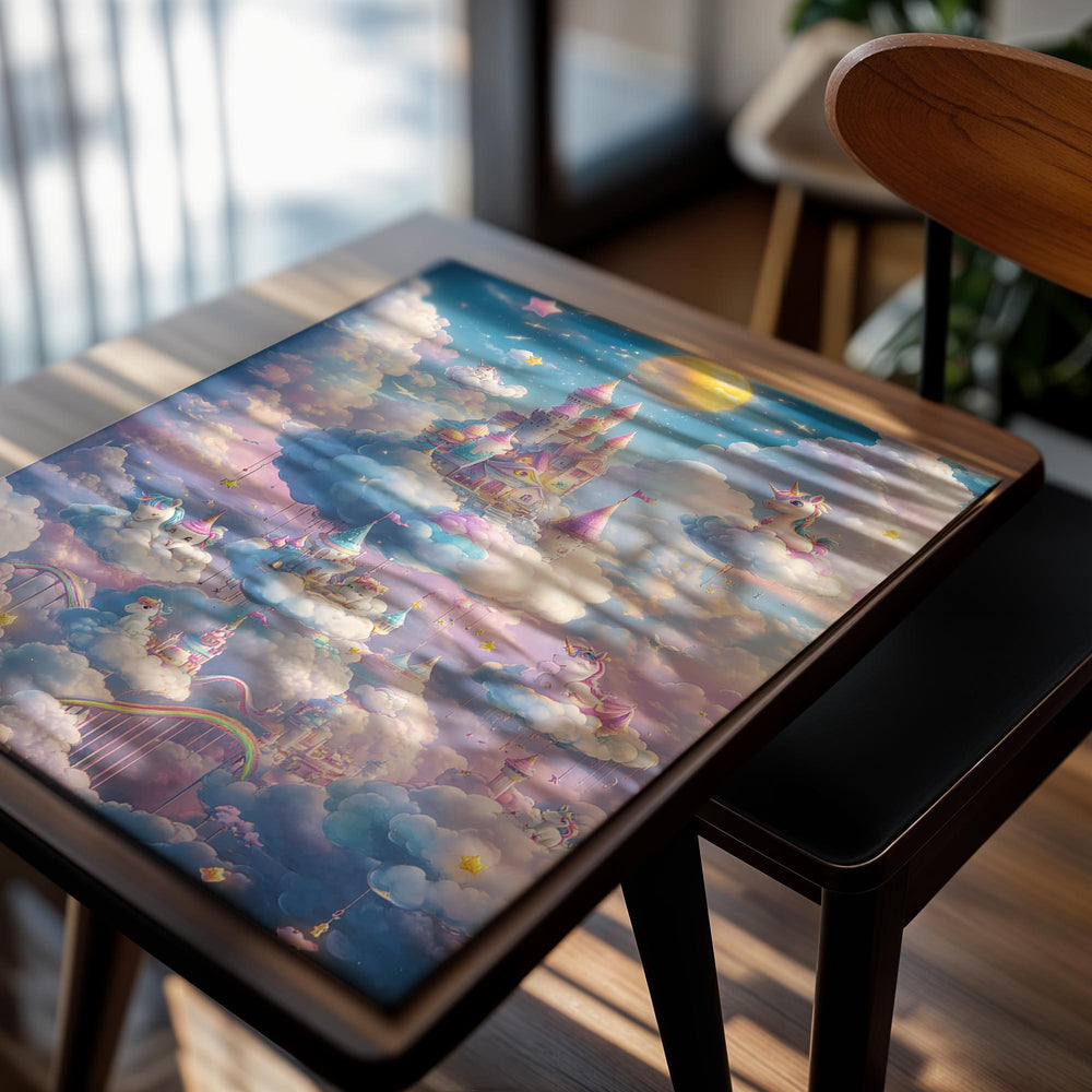 Fantasy castle in the clouds with unicorns and rainbow colors, as a premium aluminum metal print from GoMetalPrint.