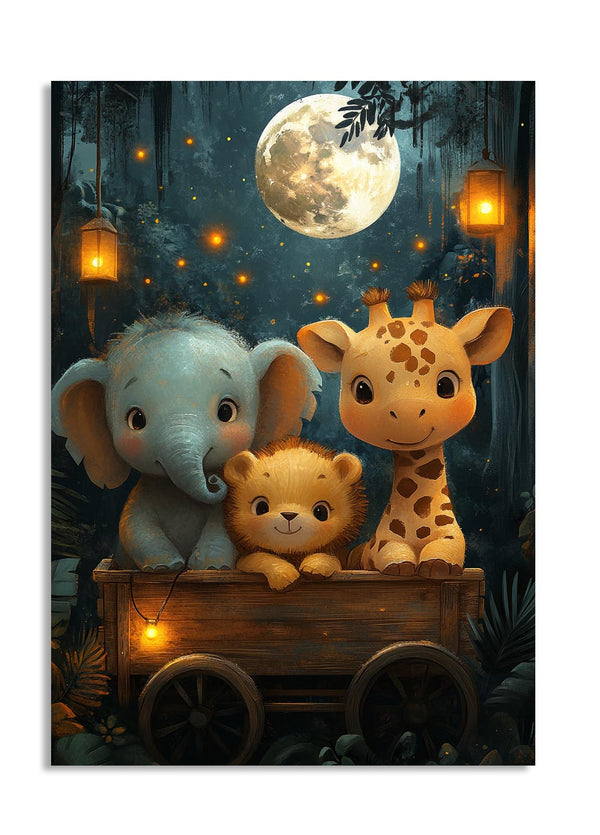 Illustration of an elephant, lion, and giraffe on a cart under a moonlit sky, as a premium aluminum metal print from GoMetalPrint.