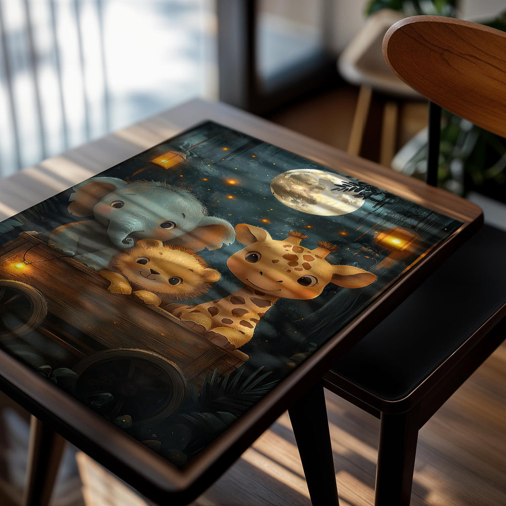 Illustration of an elephant, lion, and giraffe on a cart under a moonlit sky, as a premium aluminum metal print from GoMetalPrint.