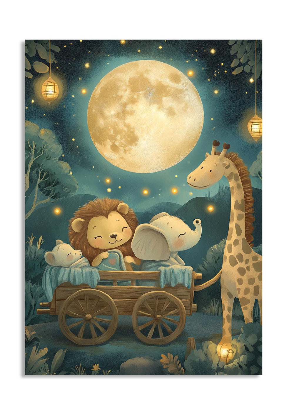 Illustration of a lion, elephant, and giraffe in a wagon under a large moon, as a premium aluminum metal print from GoMetalPrint.