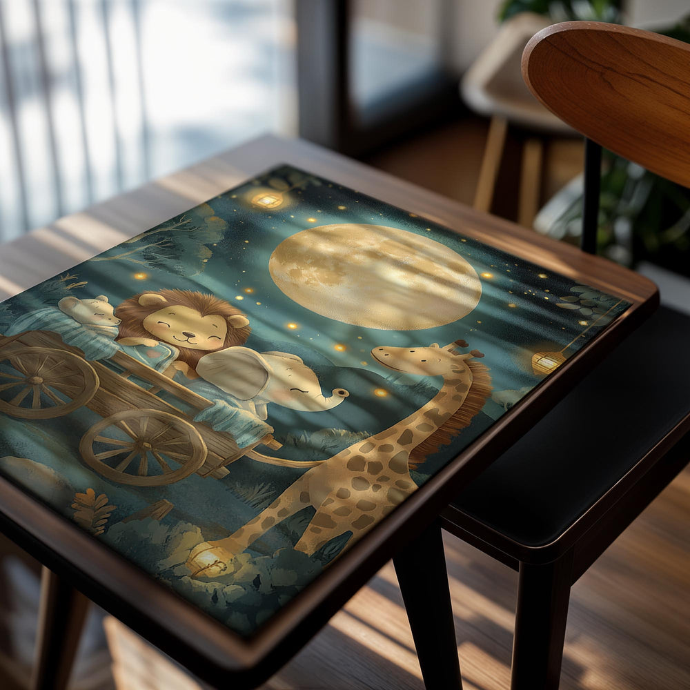 Illustration of a lion, elephant, and giraffe in a wagon under a large moon, as a premium aluminum metal print from GoMetalPrint.
