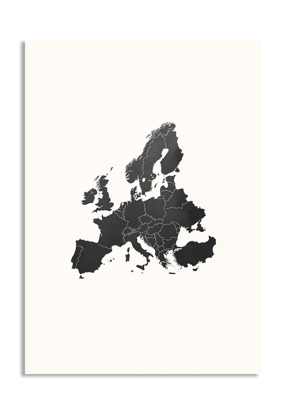 Map of Europe in black on a white background, as a premium aluminum metal print from GoMetalPrint.

