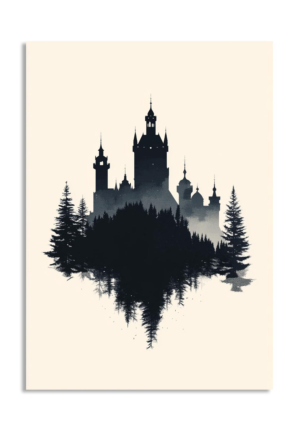 Silhouette of a castle and trees on a beige background, as a premium aluminum metal print from GoMetalPrint.
