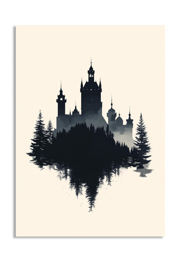 Silhouette of a castle and trees on a beige background, as a premium aluminum metal print from GoMetalPrint.
