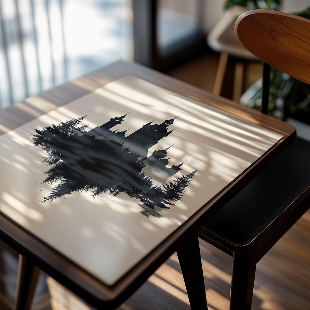 Silhouette of a castle and trees on a beige background, as a premium aluminum metal print from GoMetalPrint.
